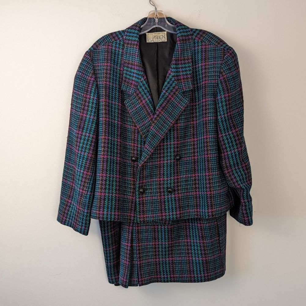 Vintage Fashion Gallery Plaid Wool Blazer and Skirt Set